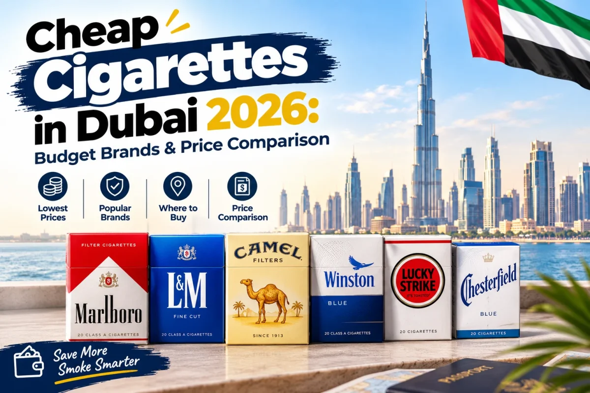 Cheap cigarettes in Dubai 2026, budget cigarette brands Marlboro, L&M, Camel, Winston and Chesterfield packs with the Dubai skyline – Cigarette Dubai