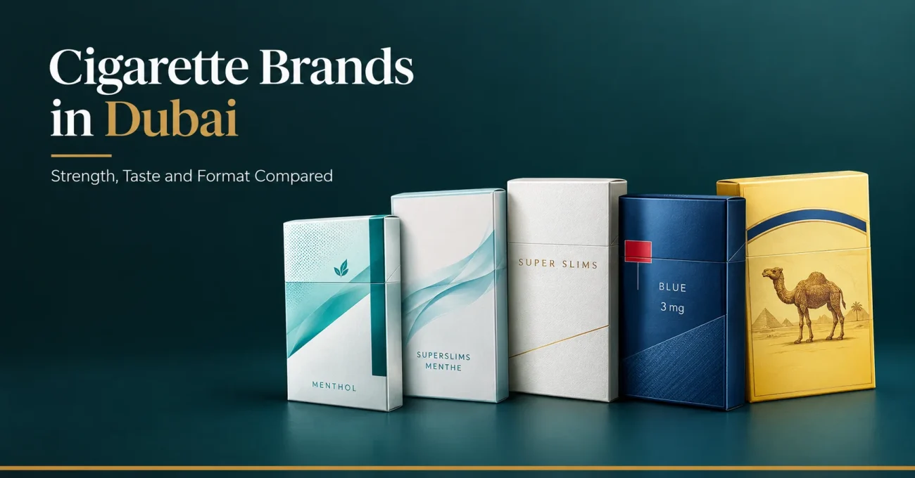 Five cigarette packs from brands sold in Dubai: Esse, Vogue, Davidoff, Dunhill and Camel