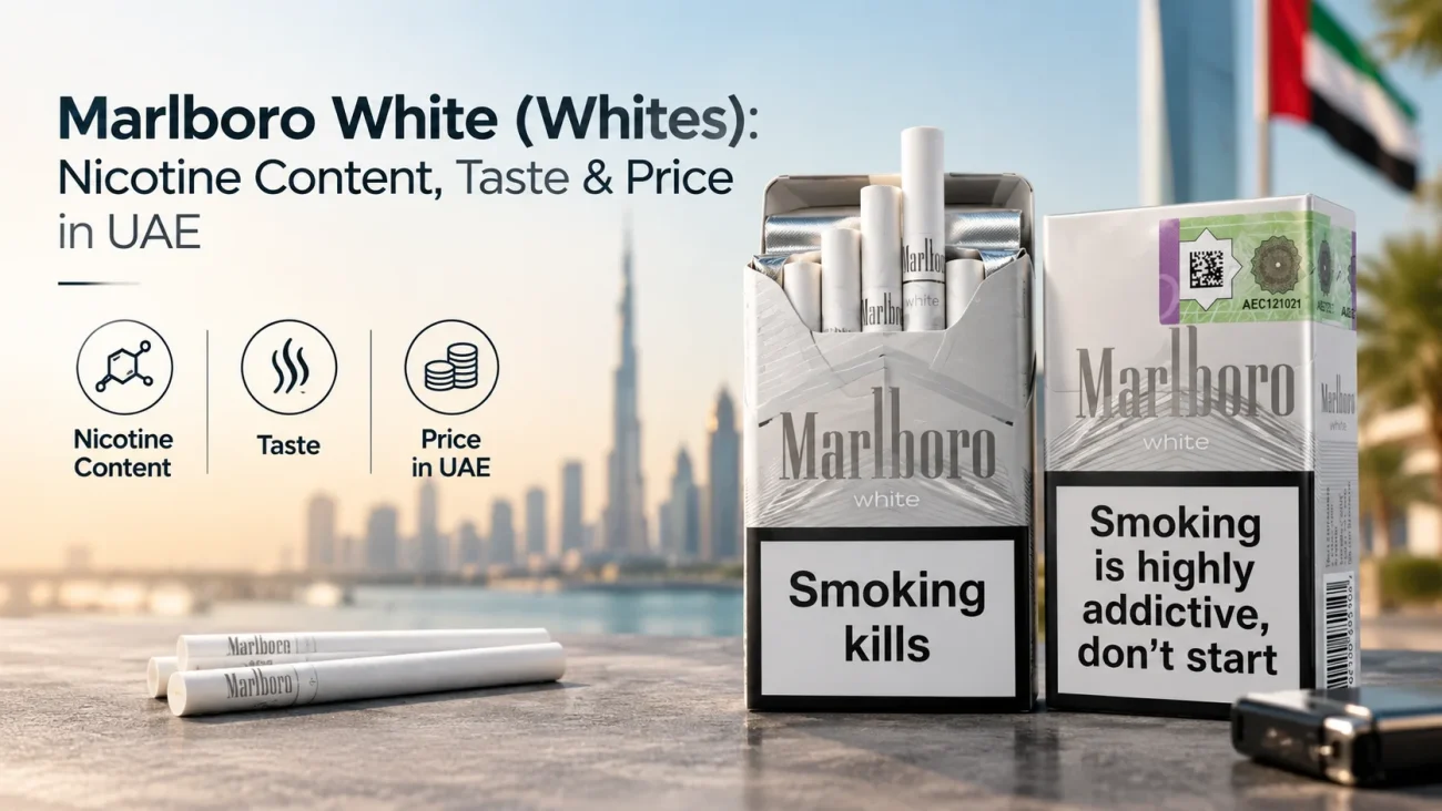 Marlboro White (Whites) cigarette packs, nicotine content, taste and price in UAE, with the Dubai skyline – Cigarette Dubai