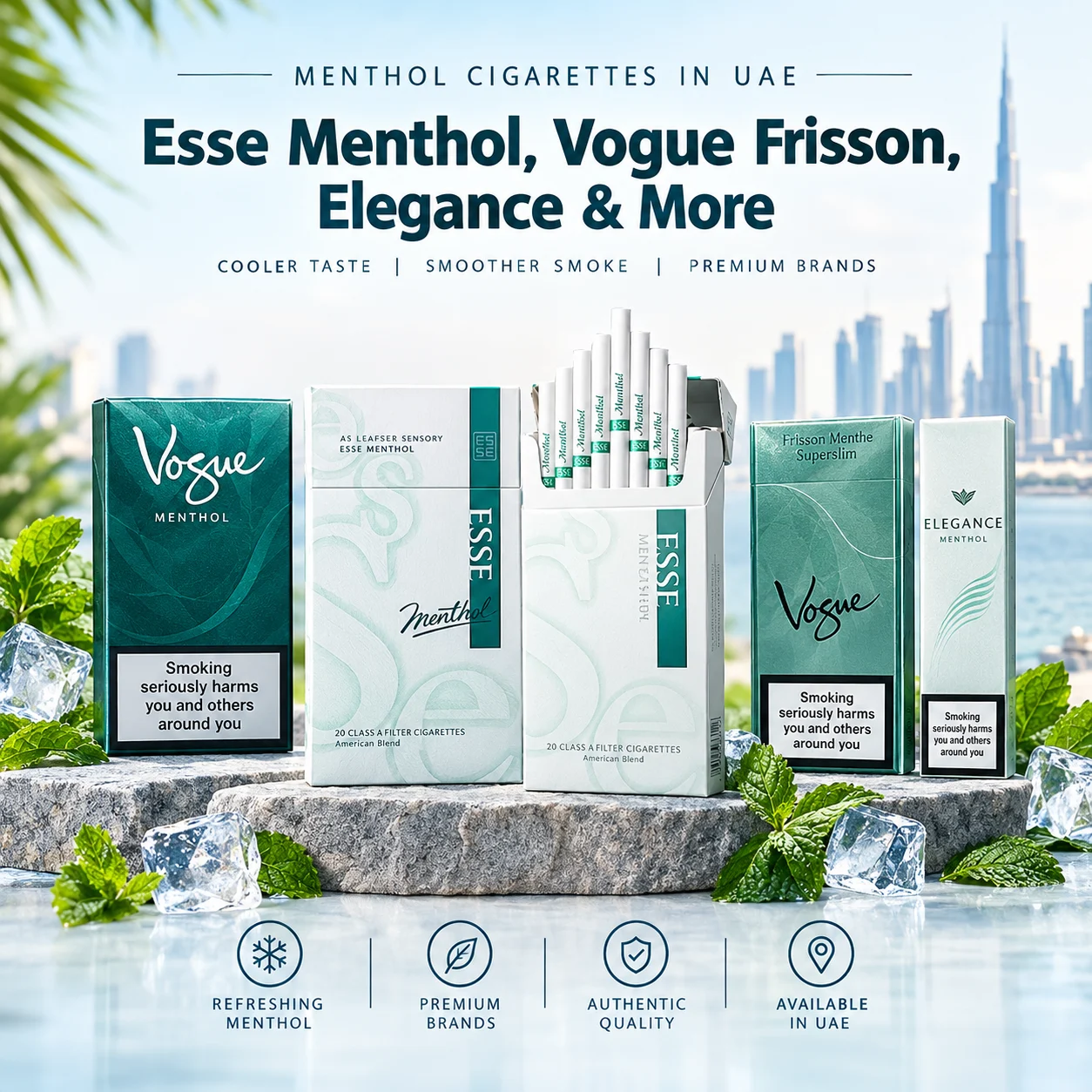 Menthol cigarettes in the UAE, Esse Menthol, Vogue Frisson and Elegance menthol cigarette packs with mint leaves and ice – Cigarette Dubai
